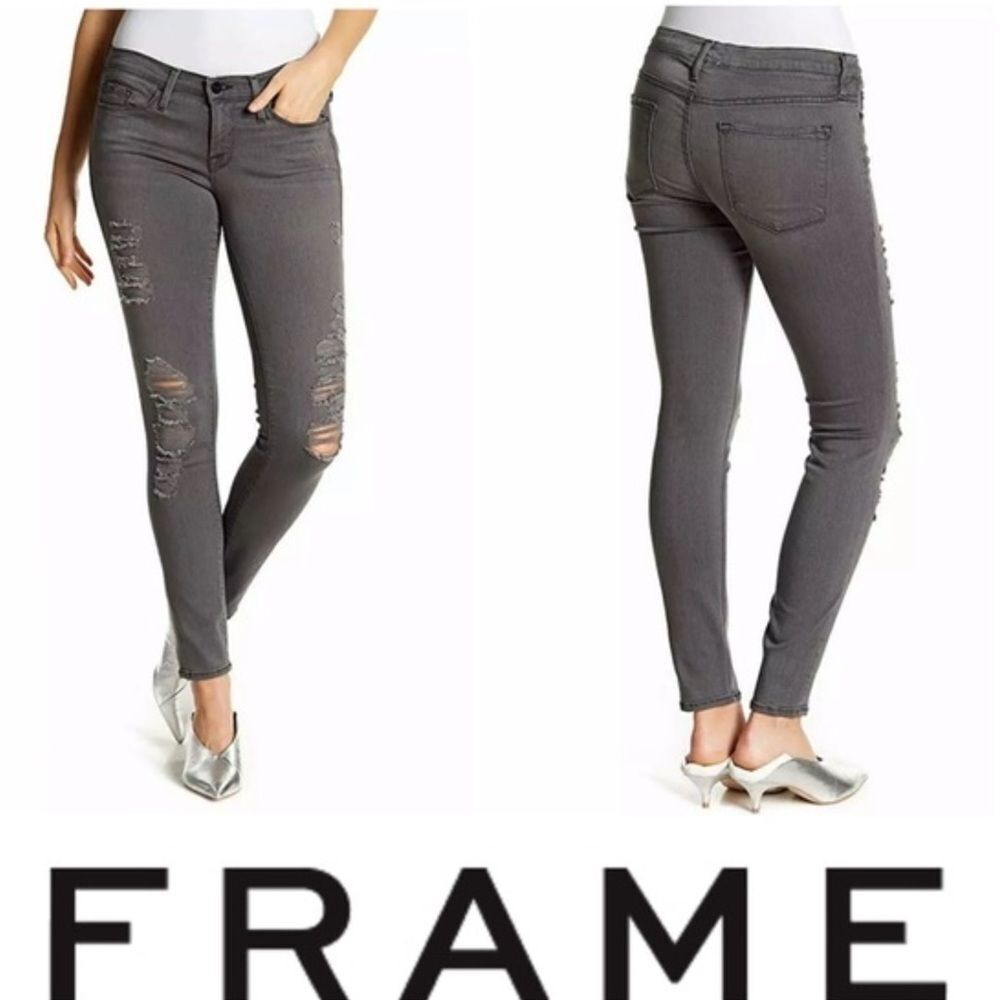 NWT Frame black Denim‎ Le Skinny De Jeanne Knightrider Shred Distressed Jeans 32